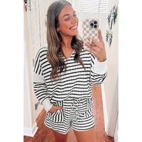 Black Stripe Collared V Neck Long Sleeve Top Plus Shorts Set - 2X thumbnail