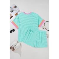 Light Blue Plus Size Color Block Corded Knit Tee and Shorts Set - 4X thumbnail