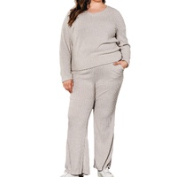 Parchment Plus Size Ribbed V Neck Pullover and Pants Set - 1X thumbnail