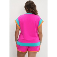 Rose Red Colorblock Patchwork Cap Sleeve Top Plus Size Shorts Set - 1X thumbnail