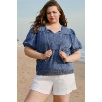 Sail Blue Plus Drawstring V Neck Puff Sleeve Denim Blouse - 4X thumbnail