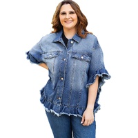Peacock Blue Ruffled Frayed Short Sleeve Plus Size Denim Jacket - 4X thumbnail