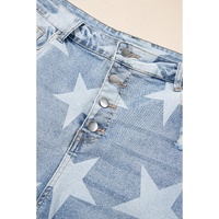 Sky Blue Star Printed Multi Buttons Slit Knee Destroyed Plus Size Jeans - 1X thumbnail
