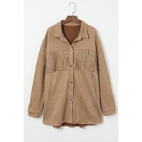 Khaki Fringe Trim Plus Size Suede Shacket - 1X thumbnail
