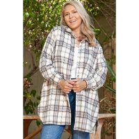 White Plaid Print Tunic Plus Size Shacket with Slits - 1X thumbnail