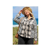 Black Plus Size Plaid Leopard Printed Patchwork Button Up Shacket - 1X thumbnail