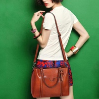 Stylish All-match Leather Handbag - Wax Finish - Wine Red thumbnail
