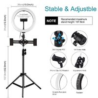 10.2 Led Ring Light with Tripod & Dual Phone Brackets - Usb Dimmable Dual Colour Temperature Selfie Remote - Black thumbnail