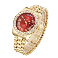 Men Quartz Watch with Diamond-encrusted Roman Numeral Dial - Gold Shell Red Dial thumbnail
