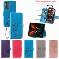 Embossed Leather Phone Case for Samsung Galaxy z Fold 4 with Four Leaf Clasp - Blue thumbnail