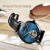 Waterproof Automatic Mechanical Watch for Women with Simple Hollow Design - Black Steel Strip Blue thumbnail