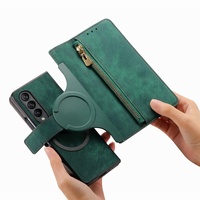 Vintage Magnetic Wallet Case for Samsung Galaxy z Fold 4 - Zipper Closure - Green thumbnail