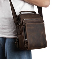 Men Large Capacity One Shoulder Leather Messenger Bag - Napa Texture Black thumbnail