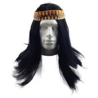Mens INDIAN WIG Native American Fancy Dress Party Costume Hair Headdress thumbnail