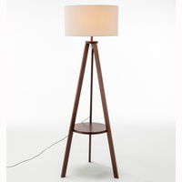 Natural Wooden Tripod Floor Lamp w/ Round Shelf + Off White Linen Shade - Cherry thumbnail
