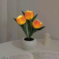 Orange Flowers USB Tulip Night Light - Bedroom Decor Table Lamp with PU Flowers & Ceramic Pot, Perfect Gift for Family & Friends thumbnail