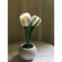 Blue Flowers USB Tulip Night Light - Bedroom Decor Table Lamp with PU Flowers & Ceramic Pot, Perfect Gift for Family & Friends thumbnail