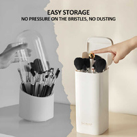 Cream Yellow Automatic Lifting Makeup Brush Holder with 4 Compartments, Large Capacity Cosmetic Brush Organizer(Makeup brushes are shooting props and  thumbnail