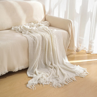 Beige Premium Woven Knitted Throw Blanket with Tassels | Soft, Cozy Sofa & Bed Blanket, Perfect for Office or Afternoon Naps 127x172cm thumbnail