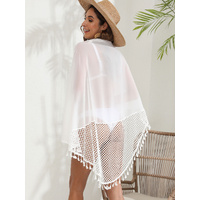 White Women's Mesh Detail Beach Wrap - Tassel Trim Swim Cover-Up 95x195cm thumbnail
