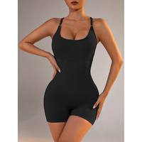 Size L Black Nylon Seamless Yoga Bodysuit - Women's Athletic Romper, Crisscross Back, Workout Jumpsuit thumbnail