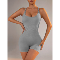 Size L Light Grey Nylon Seamless Yoga Bodysuit - Women's Athletic Romper, Crisscross Back, Workout Jumpsuit thumbnail