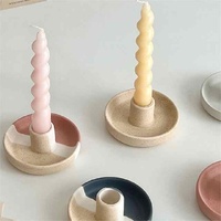 2 Pcs Blue, White And Yellow Stitching Oval Bottom Nordic Ceramic Candle Holder with Jewelry Dish - Elegant Minimalist Home Decor Piece thumbnail
