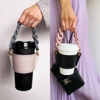 2 Pcs Brown Detachable Chain Coffee Cup Sleeve - PU Leather Insulated Cup Holder with Handle, 16cm Top, 70g(Cup not included, only cup sleeve and chai thumbnail