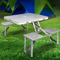 Weisshorn Folding Camping Table Outdoor Picnic BBQ With 2 Bench Chairs Set thumbnail