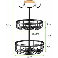 2-Tier Fruit Basket Bowl Storage with Wood Lift Handle and Dual Banana Tree Hanger for Kitchen Countertop thumbnail
