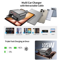 CHOETECH TC0033 105W USB-C+USB-A Fast car charger with Stretchable USB-C + Lightning cables thumbnail