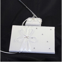 White Wedding Guest Book Register with Silver Pen Matching Stand Set 36 Lined Pages - White Ribbon and Diamante Bow Cover thumbnail