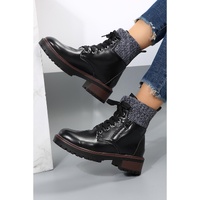 Black Knitted Patched Lace-up Heeled Ankle Boots - 40 EU thumbnail