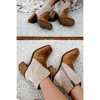 Camel Two Tone Faux Suede Square Toe Chunky Heel Boots - 37 EU thumbnail