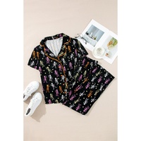 Black Halloween Pattern Short Sleeve Shirt Pajama Set - M thumbnail