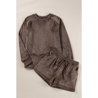 Coffee Solid Loose Fit Two Piece Fleece Lounge Set - XL thumbnail