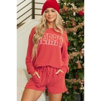 Racing Red Corded MERRY Graphic Long Sleeve Top and Shorts Set - XL thumbnail