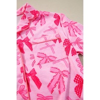 Pink Bow Knot Print Lapel Collar Short Sleeve and Pants Pajamas Set - L thumbnail