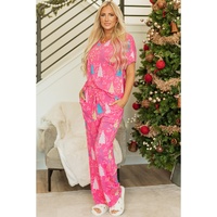 Rose Christmas Tree Print V Neck Tee and Pants Lounge Set - M thumbnail