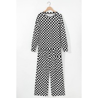 Black Checkered Print Long Sleeve Top and Pants Lounge Set - M thumbnail