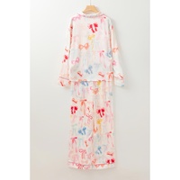 White Bow Knot Print Lapel Collar Wide Leg Satin Pajama Set - L thumbnail