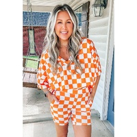 Orange Checkerboard Print V Neck Loose Tee and Shorts Lounge Set - S thumbnail