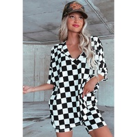 Black Checkerboard Print V Neck Loose Tee and Shorts Lounge Set - M thumbnail