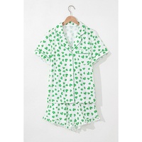 Green Clover Printed Short Sleeve and Ruffled Shorts Pajama Set - L thumbnail