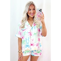 White Bowknot Print Buttoned Shirt High Waist Shorts Pajama Set - L thumbnail