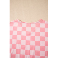 Pink Checkered V Neck Tee Drawstring Shorts Lounge Set - L thumbnail