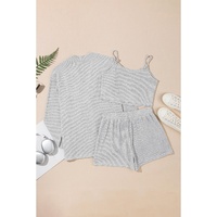 Light Grey 3 Pieces Rib Crop Camisole Matching Shorts Lounge Set with Cardigan - M thumbnail