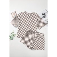 Brown Checkered Top and Short Casual 2pcs Set - XL thumbnail
