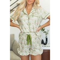 Green Floral Print Turn-down Collar Short Pajamas Set - XL thumbnail