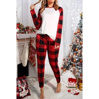 Red Plaid Raglan Sleeves Top and Drawstring Pants Lounge Set - M thumbnail